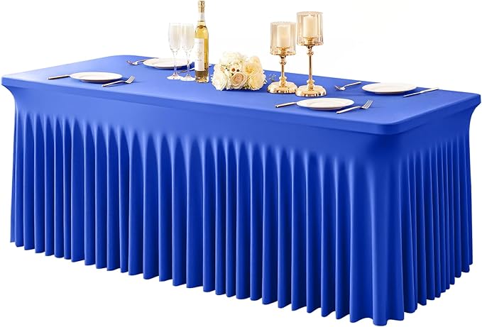 1 Pack Royal Blue Table Clothes for 6 Foot Rectangle Tables, One-Piece Wrinkle Resistant Stretch Spandex Table Covers with Skirt for Event Banquet Wedding Birthday Party