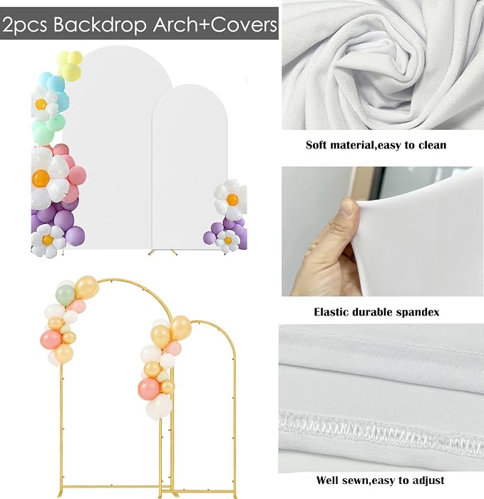 Wedding Arch Backdrop Stand and Cover 6FT/7.2FT Set of 2, White | Metal Arch Backdrop Stand, High Elasticity Arch Cover, For Wedding Birthday Baby Shower Celebration