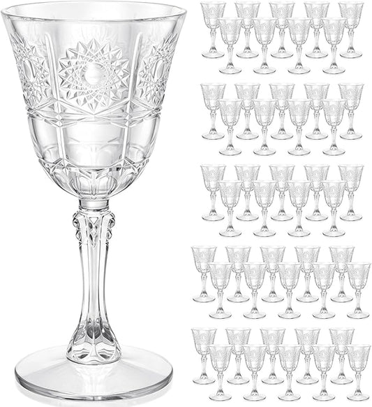 Plastic Wine Glasses, Unbreakable Wine Cups with Stem 6oz Disposable for Wedding Party Holiday, Sunflowers Vintage Plastic Goblets for Champagne, Juice, Cocktail (48 Pcs Transparent)