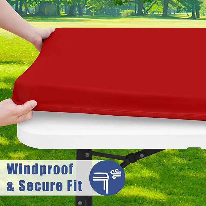 Moosfor Spandex 8 Foot Rectangle Table Cloth 6 Pack, Elastic Fitted Tablecloths for Picnic, Stretch Washable Patio Table Cover for Outdoor, Camping, Banquet and Parties (Red, 30"x96")