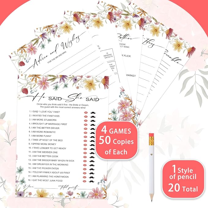 Silipull Bridal Shower Games Set for 50 Guests Includes Bingo, He Said She Said, Scramble, Would She Rather, Advice and Wishes Wedding Games Double Sided with Wooden Box, 20 Pencils(Wildflowers)