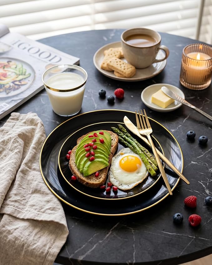 bUCLA 150PCS Black and Gold Plastic Plates - Black Gold Plastic Dinnerware Set Disposable - Include 25 Dinner / 25 Dessert Plates, 25 Knives, 25 Forks, 25 Spoons, 25 Cups, Ideal for Party & Graduation