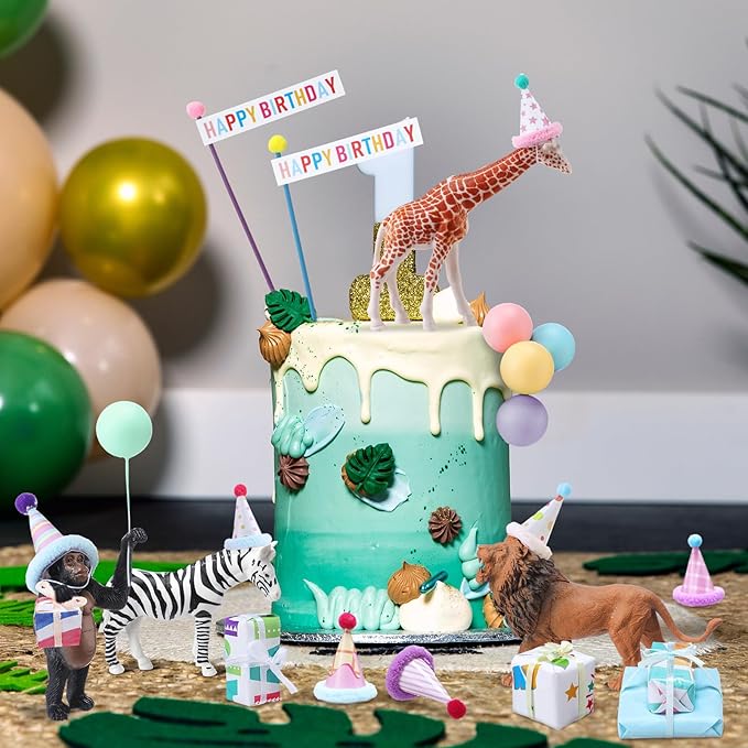 Weysat 22 Pcs Animal Birthday Party Decorations Animal Cake Cupcake Toppers with Mini Hats Miniature Flags Gift Boxes Balls for Jungle Safari Dollhouse Themed Birthday Party Favor Supplies, No Animals
