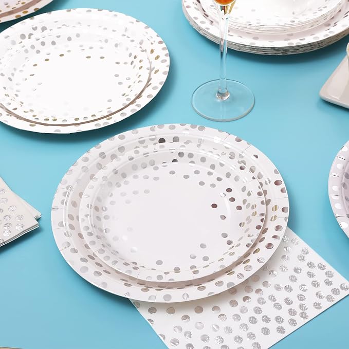 Silver Paper Plates and Napkins Party Supplies, White and Silver Plates Serve 24, 168Pcs Silver Party Decorations for Wedding Bachelorette First Communion Graduation Party
