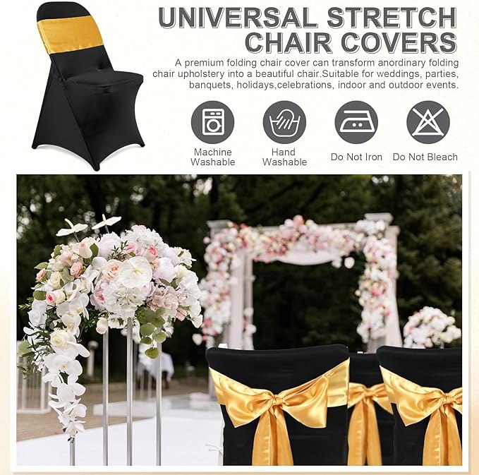 Lounsweer 50 Pcs Folding Chair Cover Set with 25 Stretch Spandex Slipcovers 25 Satin Chair Sashes Bows Ribbon Washable Banquet Protector for Wedding Event Party(Black, Gold)