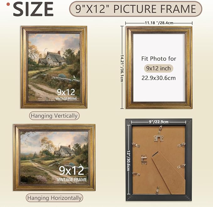 9x12 Picture Frame – Vintage Gold Picture Frames for Tabletop & Wall Mount, 9 x 12 Photo Frame for Living Room, Bedroom, Office Décor & Wedding Gifts