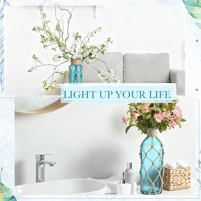 Chuangdi Set of 2 Coastal Glass Vases for Flowers TSITP Flower Vase with Boho Rope Small Sea Glass Jar Nautical Beach Bottle for Wedding Table Centerpieces Floral Arrangement Decor(Aqua Blue)