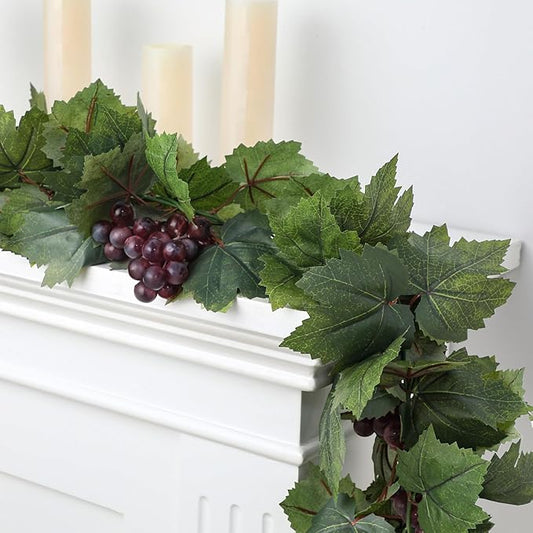 Artificial Grape Leaf Garland Vine Plant for Decoration Fake Greenery Garlands Hanging Leaves with Grapes for Wine Italian Themed Party Decor Wedding Photo Stage Favors (13 ft,Dark Green)