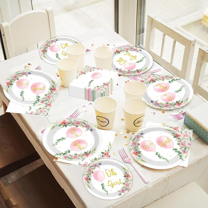 96Pcs Oh Girl Watercolor Pink Balloon Party Supplies Greenery Girl Baby Shower Tableware Set Pink Flower Party Favor Birthday Baby Shower Parties Plates and Napkins Table Decorations for 24 Guests