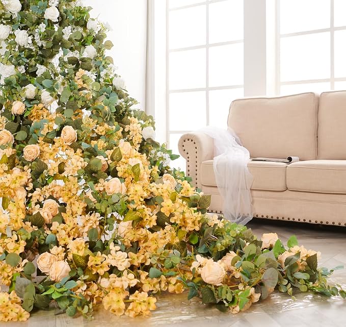 PONKING Flower Garland Artificial Rose & Hydrangea Vine Hanging Fake Flowers Vines for Wedding Birthday Party Valentines Christmas Room Wall Arch Decor, 1 Rose & 1 Hydrangea Champagne Floral Garland