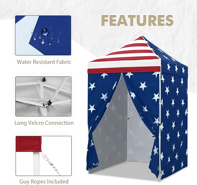 EAGLE PEAK 5x5 Instant Canopy with 4-Side Wall Panels, Small Pop up Portable Canopy Tent with Carry Bag, Light Weight Sun Shelter for Sports, Camping and Beach, American Flag