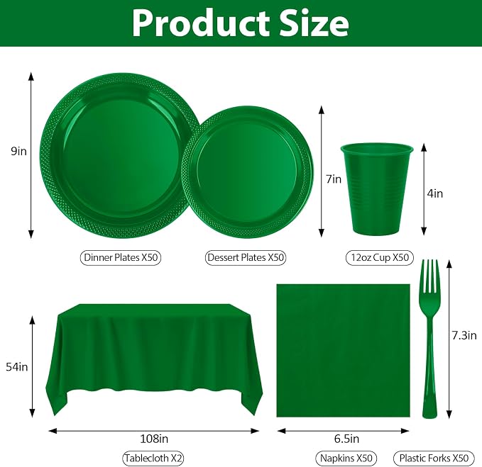 Green Plastic Plates for Party,50 Guest - 7&9inch Plates,Napkins,Forks,Cups & Tablecloths,Disposable Party Supplies for Birthday,Picnic,Christmas,Summer Activities