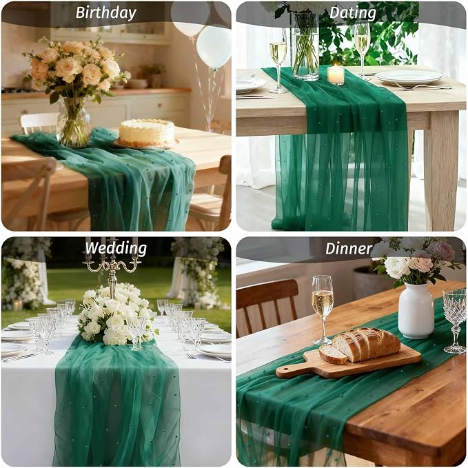 Pearl Table Runner 30 x 120 Inch 10 FT Long, Green Gauze Table Runners, Rustic Boho for Wedding Arch Birthday Party Bridal Veil Baby Shower Decorations