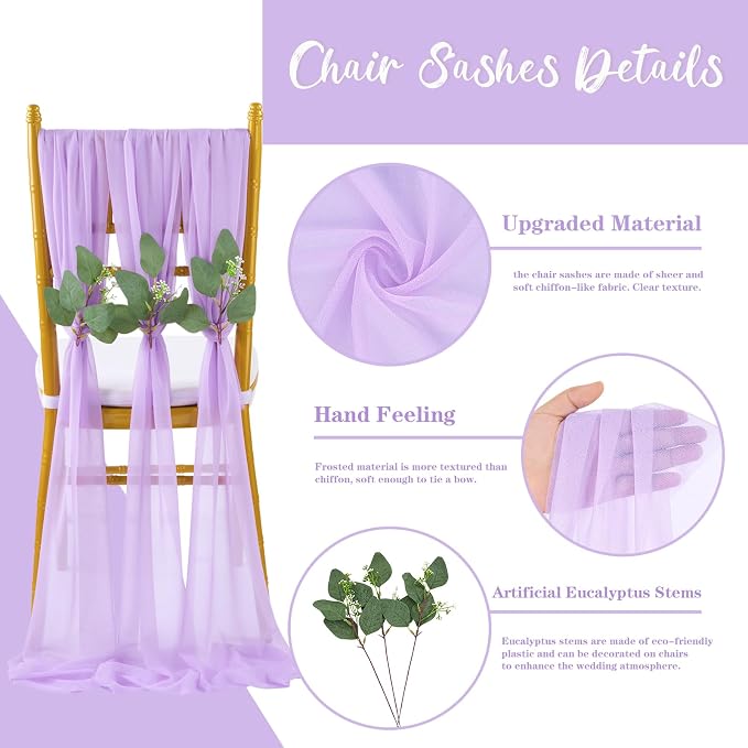 QueenDream Light Purple Wedding Chair Sashes 16 Pieces Wedding Aisle Chair Decorations Long Sheer Church Draping Fabric Chair Covers Bulk with Artificial Eucalyptus