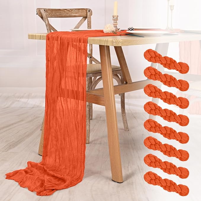 8 Pack Orange Cheesecloth Table Runner 10FT Boho Gauze Cheese Cloth Table Runner Rustic Sheer Fabric Table Runners for Wedding Bridal Shower Baby Shower Party(21.5×120 Inch)