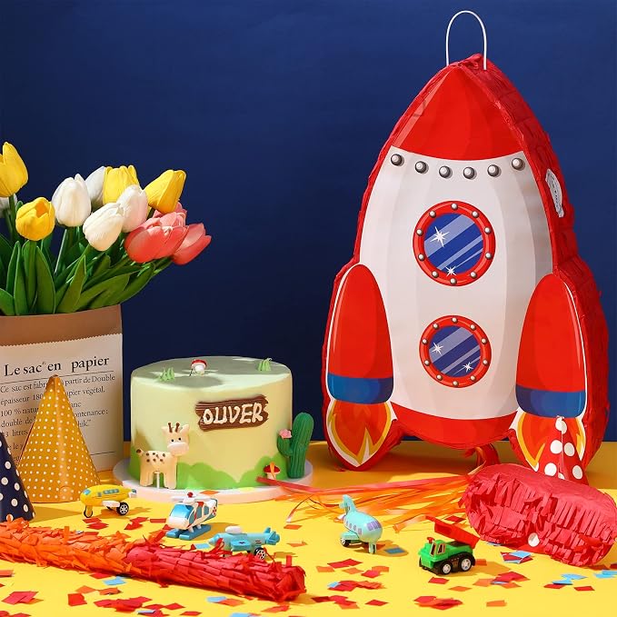 Rocket Pinata Space Pinata with Blindfold and Bat Space Themed Party Supplies for Girls Boys Kids Birthday Party Game Toys Favors Decorations, 16.5 x 10.7 x 3 Inches