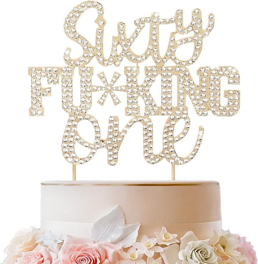 LINGTEER Sixty-One Funny Gold Rhinestone Cake Topper - Cheers to 61 Years Old,Happy 61st Birthday Party Cake Centerpieces Topper Decorations.
