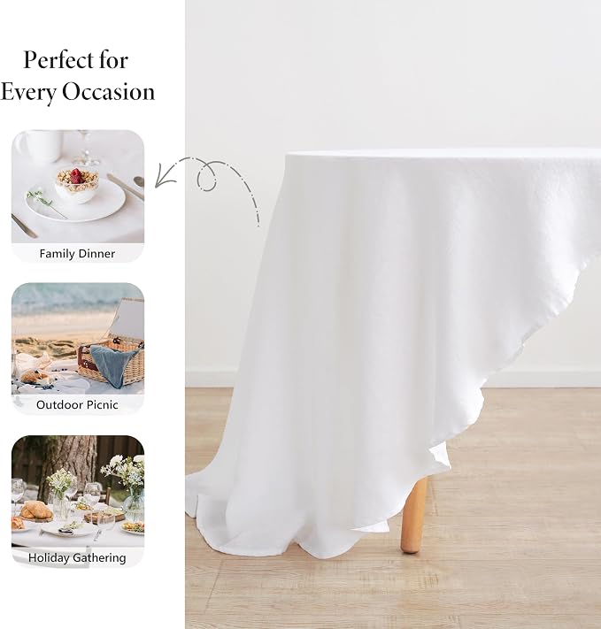 Linen World Linen Tablecloth,100% French Linen Round Tablecloth 70" Inch,Washable White Tablecloth for Dining,Outdoor,Weddings and Restaurants,Decorative Thanksgiving Christmas