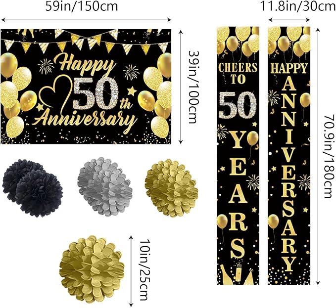 Happy 50th Wedding Anniversary Decorations Kit, Black Gold Happy 50th Anniversary Party Supplies Door Banner Decorations, Backdrop, Table Centerpieces, Hanging Swirl, Paper Pompoms