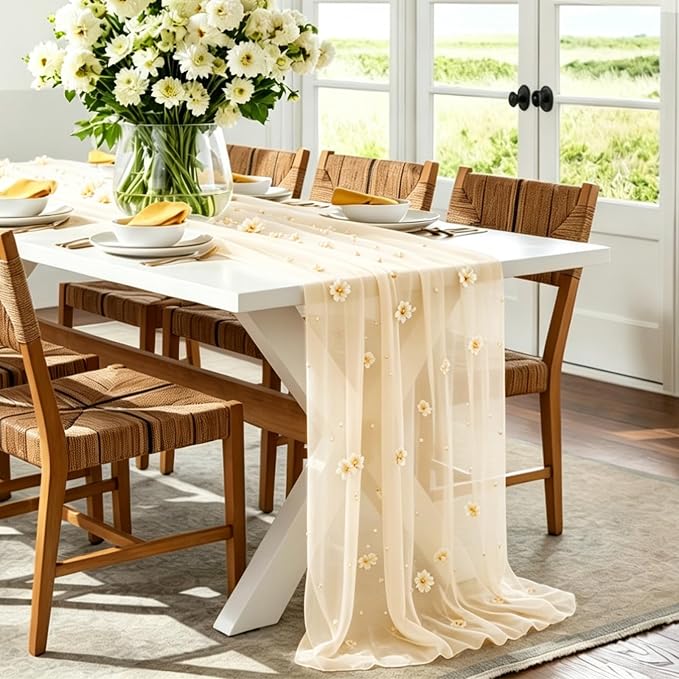 BINBE 4pcs Flower Pearl Table Runner Spring Summer Rustic Boho 10ft Tulle Table Runner for Baby Shower Wedding Veil Holiday Dessert Table Decor Champagne