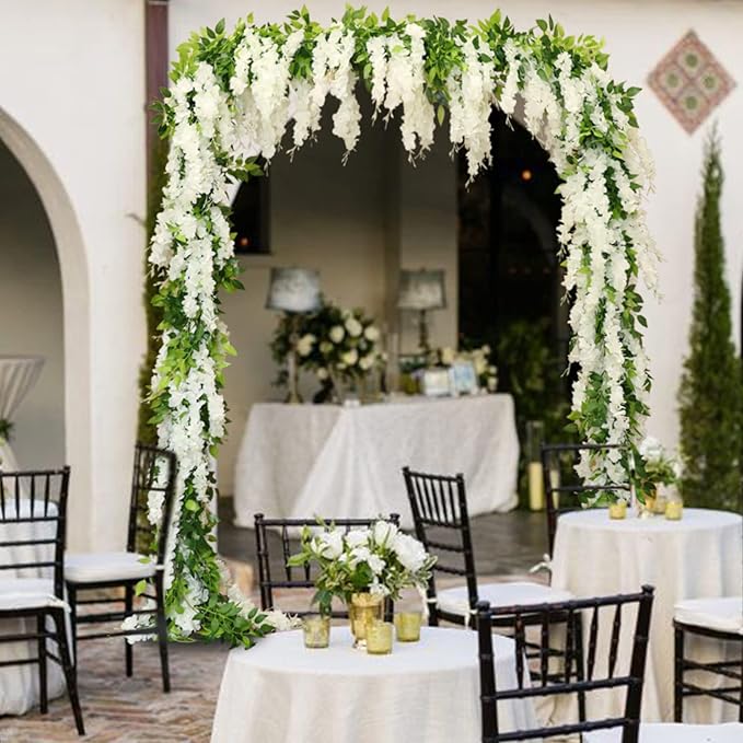 Wisteria Artificial Flowers Garland, 8Pcs Total 57.6ft Silk Faux Wisteria Vine Kit, Hanging Flower Plant for House Outdoor Garden Ceremony Outside Wedding Arch Floral Decor (8, White)