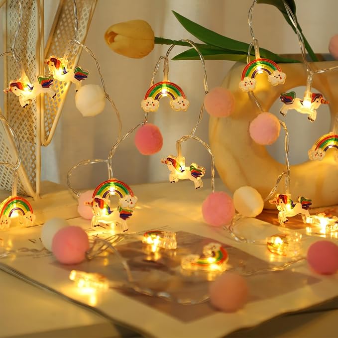 9.85 Feet Pom Pom Unicorn Rainbow String Lights, Auto Timer & 8 Flash Modes, 20 LED Battery Operated Fairy Lights for Kids Bedroom Play Tent Girls Birthday Baby Shower Holiday Christmas Decoration