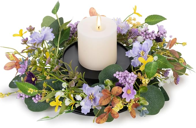 MOYEE Summer Centerpieces for Tables Candle Ring, Black Metal Candlestick with an Artificial Wreaths 14 in Versatile Dining Table Centerpiece Decor (Purple Foam Flower Wreath)