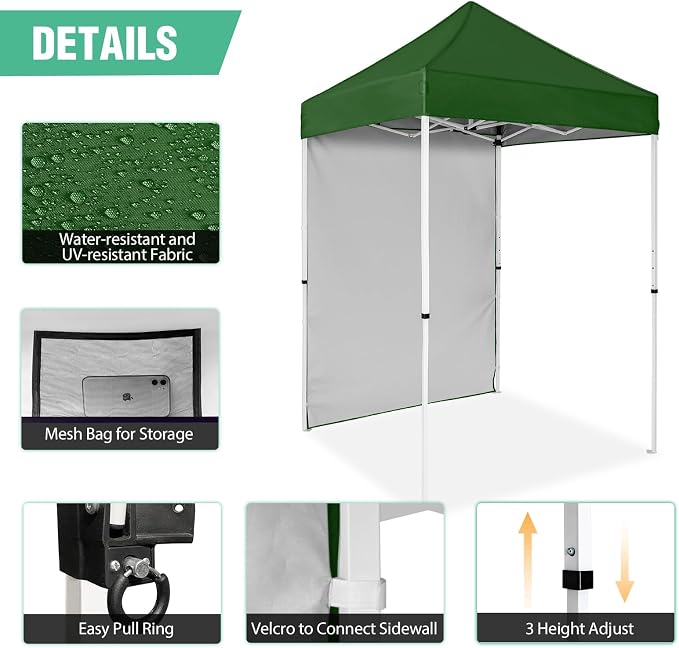 5x5 Pop Up Canopy Tent with One Sidewall, Instant Portable Beach Canopy, Outdoor Tent with Carry Bag for Camping, Sports, Tailgating, Events, Green