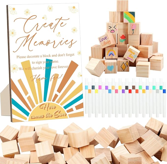97 Pcs Sun Baby Shower Games Sign Kit, Sun Theme Party Decoration, Including Game Sign DIY Blank Wooden Block Painting Pen to Draw Your Idea for Sun Baby Shower Party Game Gender Reveal Party
