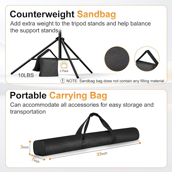 Backdrop Stand, 10x7ft(WxH) Photo Background Stand Adjustable Support Kit with 2 Crossbars, 8 Backdrop Clamps, 2 Sandbags and Carrying Bag for Parties Photography Wedding Decoration