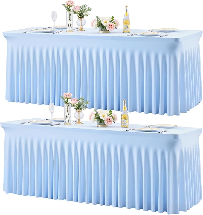2 Pack 6ft Baby Blue Spandex Table Cloths for Rectangle Tables Wrinkle Free Rectangle Tablecloths Stretch Fitted 6 Foot Table Cover with Skirt for Baby Shower Boy Birthday Party Wedding Banquet Buffet