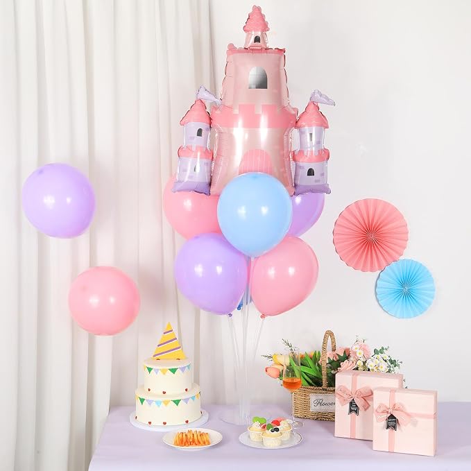Princess Party Balloons Stand Kit 2 Sets with 2 Princess Castle Foil Balloons Pastel Blue Pink Purple Themed Party Balloon Centerpiece for Tables for Girls Baby Shower Fairytales Birthday Decorations