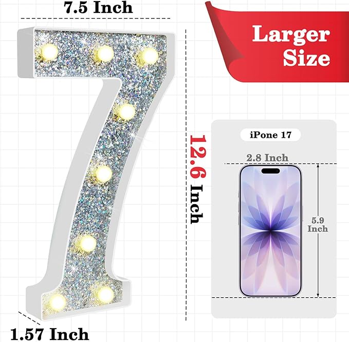 12.6 Inch LED Silver Marquee Light Up Numbers, 7th Birthday Decorations Number Lights as Gifts for Girls Boys, Glitter Lighted Marquee Numbers for Silver Anniversary Party Table Decor, 7