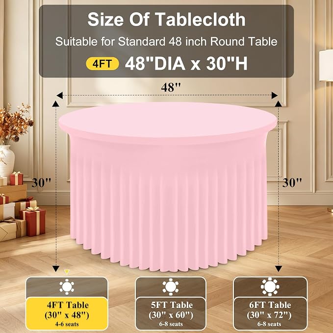 Smiry Round Spandex Tablecloth 2 Pack, Elastic Fitted Washable Tablecloths for 48 Round Tables, Waterpoof Stretch Table Cover Skirt for Outdoor, Wedding, Banquet & Parties, Pink