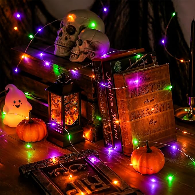 QITONG Purple Orange & Green Fairy Lights Battery Operated, 4 Pack Each 16ft 50 LED Halloween Lights Outdoor Waterproof, Silver Wire Christmas Twinkle Mini String Lights Indoor