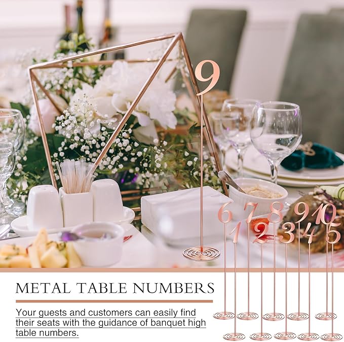 Therwen 20 Pcs Metal Table Numbers 1-20 Table Numbers for Wedding Reception 12 Inch Stainless Steel Party Desk Figure with Sturdy Holder Base for Banquet Wedding Party Event Catering(Rose Gold)