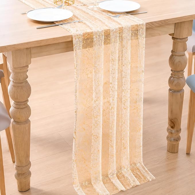 BINBE 6PCS Gold Table Runner 10Ft Gold Sheer Table Runner Chiffon Fabric Cheesecloth Sequin Glitter Table Runner for Wedding Birthday Bridal Shower Party Decor