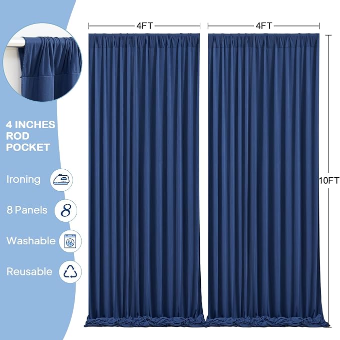 8 Panles Navy Blue Backdrop Curtains - Wrinkle Free Fabric Backdrop Curtain for Photoshoot, 10FT Wedding Party Photo Backdrop Drapes for Birthday Baby Shower Photography Stage Background Decorations