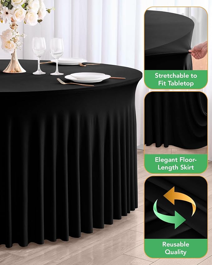 4 Pack Spandex Table Cover Skirts for 60 inch Round Tables, Black Stretch Table Cloths with Floor-Length Ruffle, Elastic Fitted Skirted Tablecloth for Elegant Wedding Banquet Party Buffet Decoration