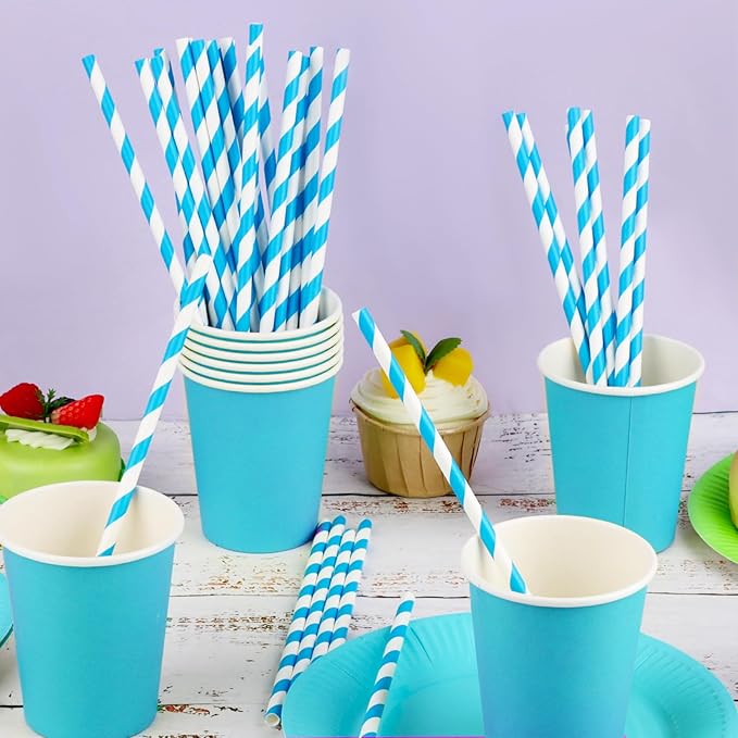 100 Packs Blue Biodegradable Striped Paper Straws, Disposable Drinking Straws for Birthday Carnival Summer Pool Party Wedding Baby Shower Halloween Christmas Party Decoration Supplies