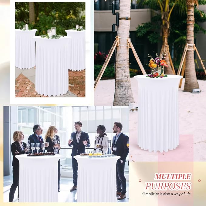 10 Packs Round Cocktail Table Skirt 32"x 43" Spandex Stretch Cocktail Tablecloth with Wavy Drapes, White Spandex Fitted High Top Table Covers for Wedding Bar Party Birthday Banquet Table