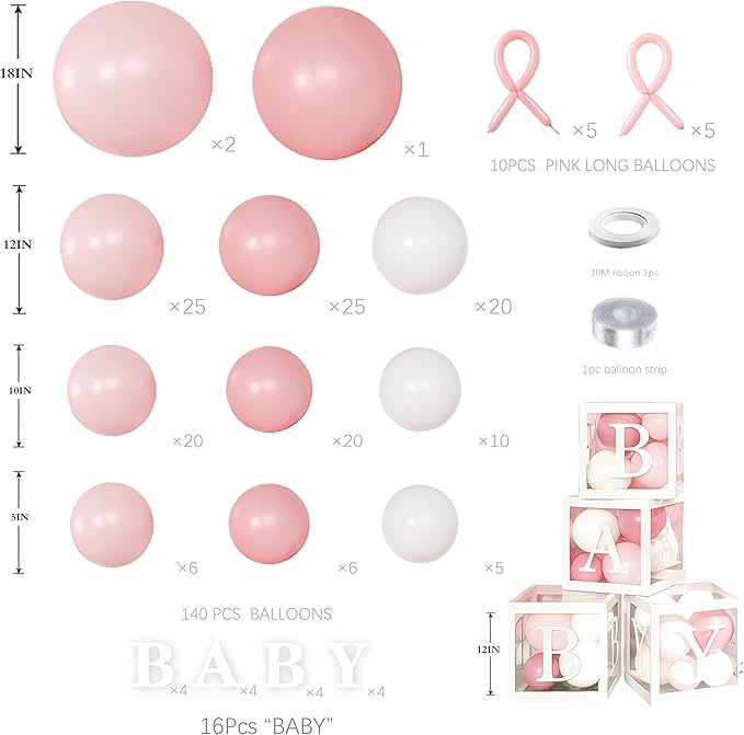 154Pcs Coquette Pink Bow Baby Shower Decorations for Girl - Soft Pink Balloon Arch Garland Kit with 4 Baby Boxes - DIY Long Balloons for Bows, Princess Birthday Party Supplies, Gender Reveal
