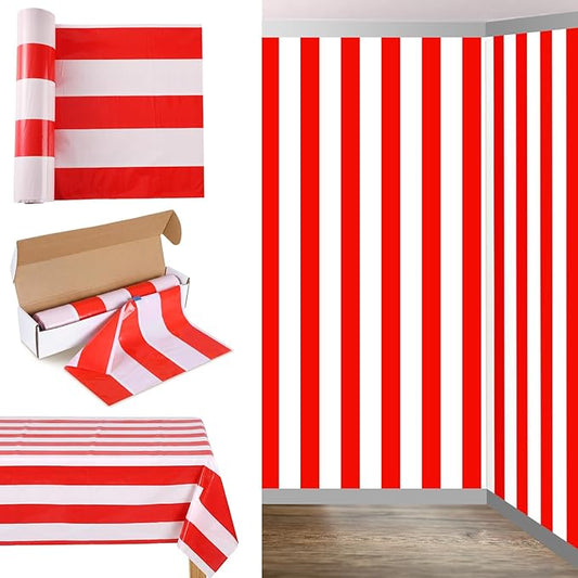 Oudain 54 Inch x 100 ft Red and White Striped Backdrop Tablecloth Roll with Cutter Box Circus Carnival Party Decorations Plastic Table Cover Halloween Background Wallpaper for Birthday Movie Night