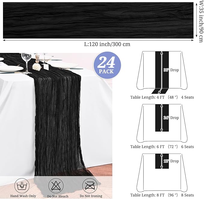 24 Pack Black Cheesecloth Table Runners,10FT Boho Gauze Table Runner,35x120inch Rustic Table Runner for Wedding Party Bridal Shower Thanksgiving Christmas Boho Table Decoration