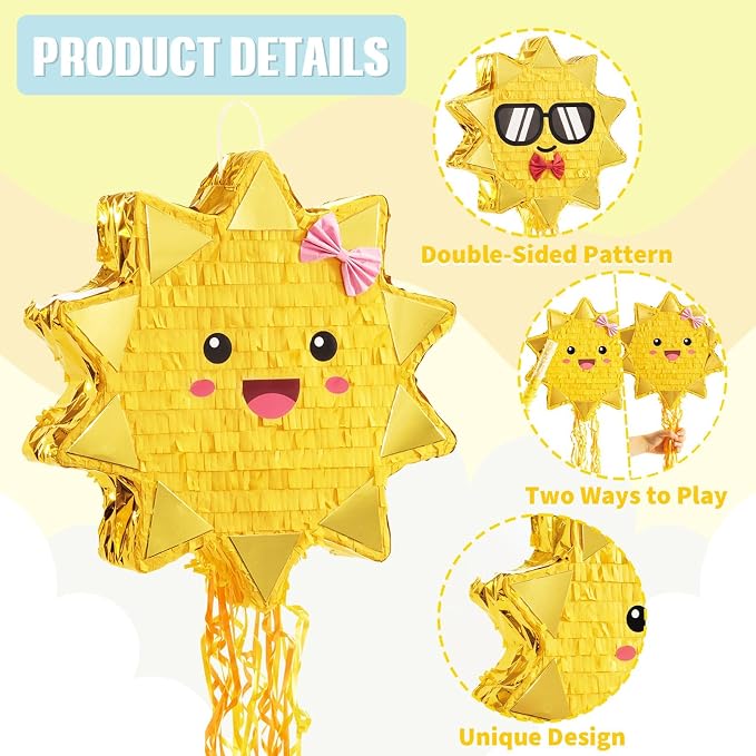 WERNNSAI Sun Piñata - Sunshine Party Decorations Pull String Sun Piñata with Blindfold and Bat for Girls Kids Sunshine Birthday Baby Shower Summer Party Game Supplies