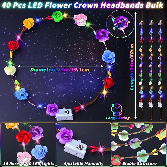 80 Pcs Glow in the Dark Party Supplies Light Up Party Favors LED Light Up Glasses LED Flower Crown Headband Glowing Floral Wreath Crown Neon Flash Glasses for Birthday Wedding Gift