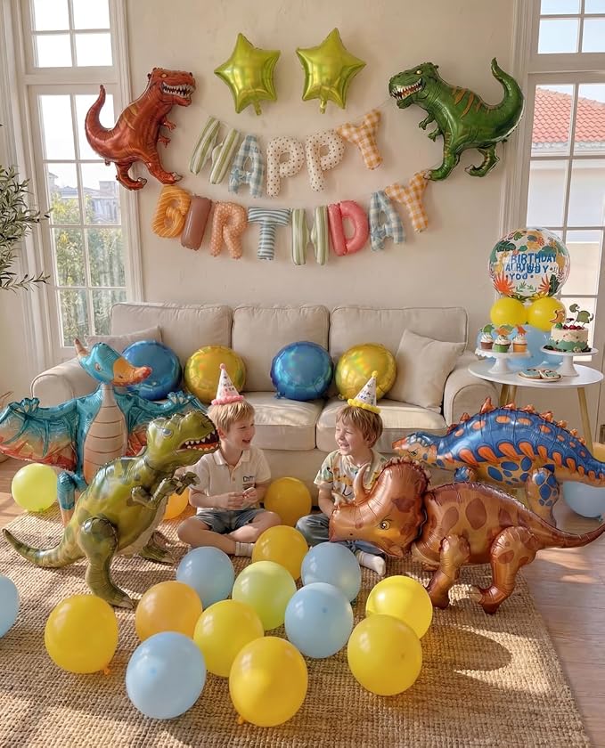 60 PCS Dinosaur Happy Birthday Foil Balloon Decoration Kit, T-Rex, Triceratops, Ankylosaurus Assembleable Inflatable Standing Mylar Balloons with Birthday Banner for Kids Boys Party Decor