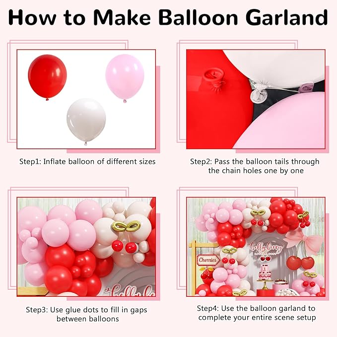 Cherry Balloon Garland Arch Kit, 115pcs Red and Pastel Pink White Metallic Gold Long Latex Balloons for Birthday Baby Shower Wedding Valentines Day Anniversary Cherry on Top Party Decorations