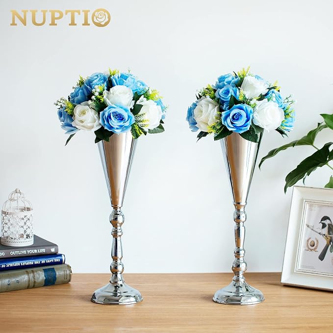 10 Pcs Tabletop Silver Metal Wedding Flower Trumpet Vase, 16.5 inch Table Decorative Centerpiece Artificial Flower Arrangements for Anniversary Ceremony Party Birthday Event Home Decoration (Silver)