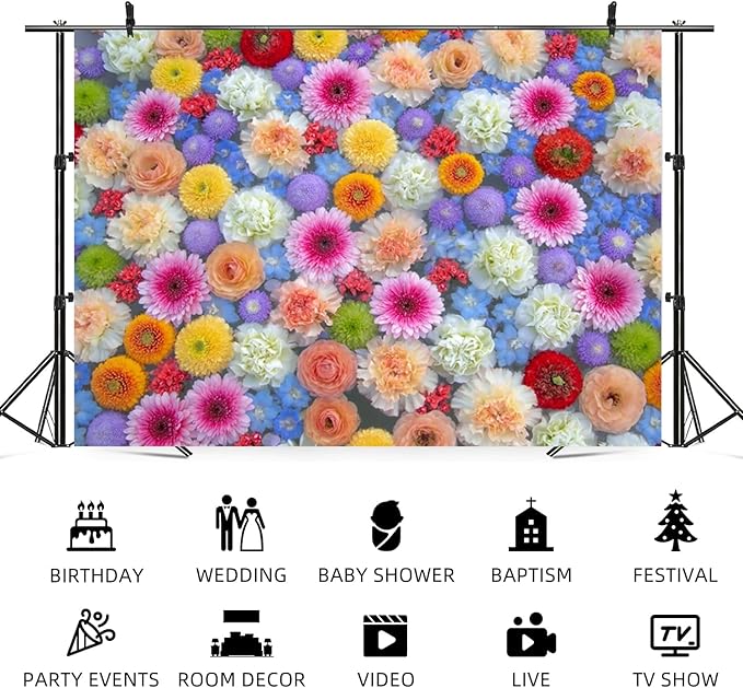 10x8ft Colorful Floral Photography Backdrop Flowers Background Vibrant Multicolor Blossoms for Party Wedding Photo Booth Studio Props Events Banner